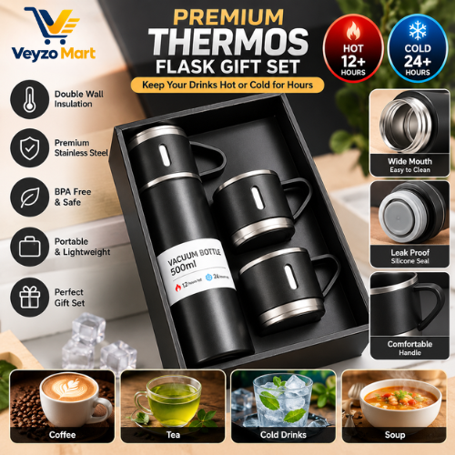 3 In 1 Vacuum Thermal Flask With Cup Set (Random Color)